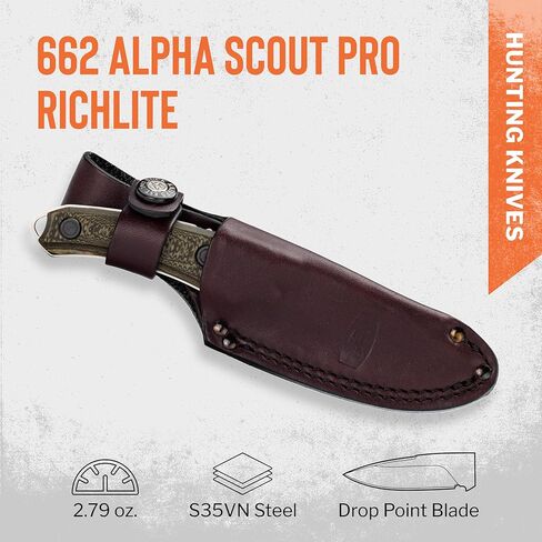 سكين صيد Buck Knives 662 Alpha Scout Pro، شفرة ثابتة 2-7/8 بوصة، مقبض Richlite محكم، شفرة S35VN من الفولاذ المقاوم للصدأ ذات نقطة إسقاط، غمد متضمن، سكين مصنوع في الولايات المتحدة الأمريكية، 2.79 أونصة in Kuwait