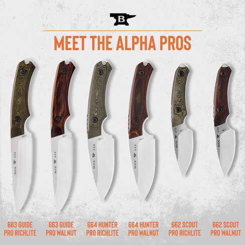 سكين صيد Buck Knives 662 Alpha Scout Pro، شفرة ثابتة 2-7/8 بوصة، مقبض Richlite محكم، شفرة S35VN من الفولاذ المقاوم للصدأ ذات نقطة إسقاط، غمد متضمن، سكين مصنوع في الولايات المتحدة الأمريكية، 2.79 أونصة in Kuwait