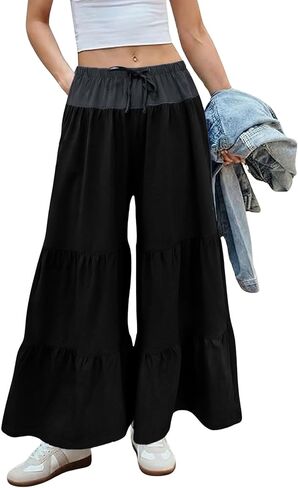 Hoover Women Wide Leg Palazzo Pants Flowy Boho Carmstring Weist Huffle Hem in Saudi Arabia