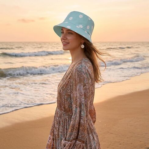 Bucket Hat for Women Men Fishing Hats Cute Beach Sun Hat for Outdoor Travel Foldable Reversible Double-Side-Wear in Kuwait