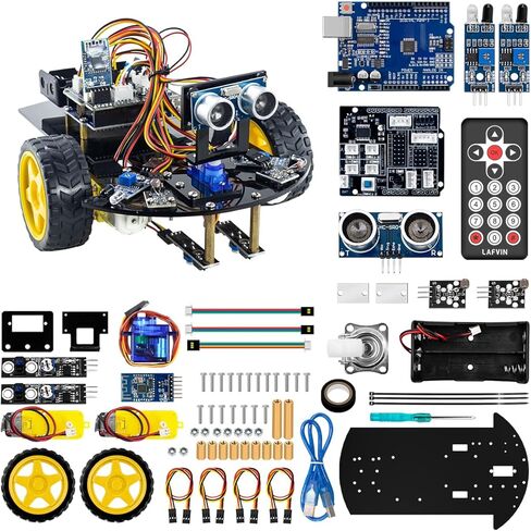 LAFVIN Smart Robot Car 2WD Chassis Kit V2 وحدة الموجات فوق الصوتية، وحدة تتبع الخط، جهاز التحكم عن بعد بالأشعة تحت الحمراء متوافق مع Arduino IDE in Kuwait
