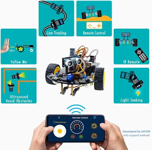 LAFVIN Smart Robot Car 2WD Chassis Kit V2 وحدة الموجات فوق الصوتية، وحدة تتبع الخط، جهاز التحكم عن بعد بالأشعة تحت الحمراء متوافق مع Arduino IDE in Kuwait