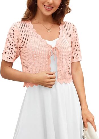 Kate Kasin Women Crochet Shrug Sweater Tie Front Knit Bolero Shrug for Dress Short Sleeve Cropped Cardigan in Kuwait