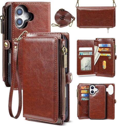 for iPhone 15 MagSafe Wallet Case – Detachable Magnetic Wallet with RFID Blocking, PU Leather Zipper & Strap for Women Men. Brown in Kuwait