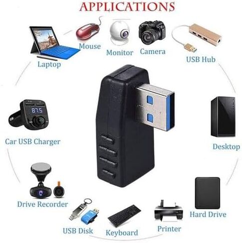 مجموعة محولات زاوية 90 درجة USB 3.0 4 قطع: 2X يسار + 2X يمين من النوع A ذكر إلى أنثى للمساحات الضيقة، أسود، متانة مصبوبة in Kuwait