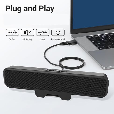 سماعات كمبيوتر Pomya للكمبيوتر المكتبي، شريط مكبر صوت مزود بمشبك USB بقدرة 10 وات مع USB A C، صوت ستيريو، التحكم في مستوى الصوت وكتم الصوت، التوصيل والتشغيل لأجهزة الكمبيوتر المحمول in Kuwait