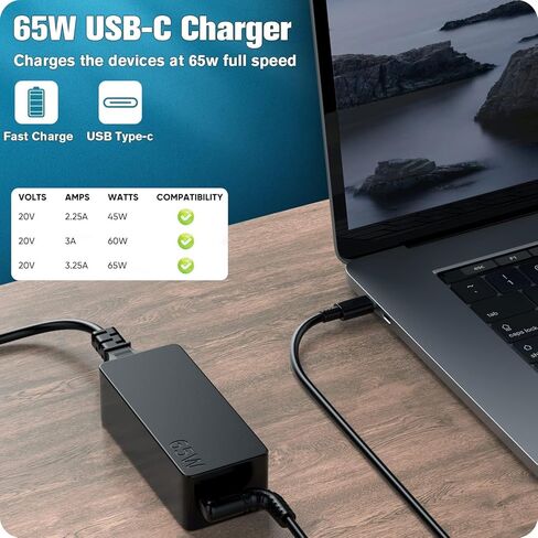 65W USB C Type C Adapter Laptop Charger for Lenovo ThinkPad X1 Carbon T14 T15 T480 T490 T580 E14 E15 E480 E580 E590 L13 L390 X13 Chromebook C330 S330 300e Yoga 7i 9i 720 730 C930 910 Power Supply Cord in Kuwait