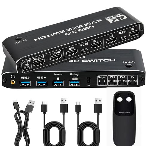 HDMI KVM Switch 2 Monitors 2 Computers 4K@60Hz, USB 3.0 Hub for Keyboard Mouse Sharing, Hotkey/Panel/Remote Control, Support Extended & Copy Display HDCP 2.3, Plug and Play in Kuwait