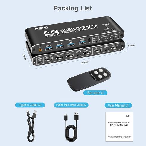 HDMI KVM Switch 2 Monitors 2 Computers 4K@60Hz, USB 3.0 Hub for Keyboard Mouse Sharing, Hotkey/Panel/Remote Control, Support Extended & Copy Display HDCP 2.3, Plug and Play in Kuwait