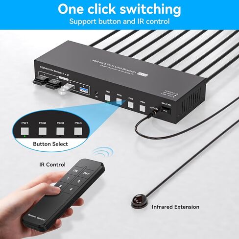 KVM Switch 4 أجهزة كمبيوتر 2 شاشات HDMI 4K60 هرتز EDID محاكاة 4 منافذ KVM Switch لـ 4 أجهزة كمبيوتر لمشاركة الشاشات المزدوجة و4 أجهزة طرفية USB 3.0 تدعم أوضاع النسخ/التمديد مع وحدة التحكم باللون الأسود in Kuwait