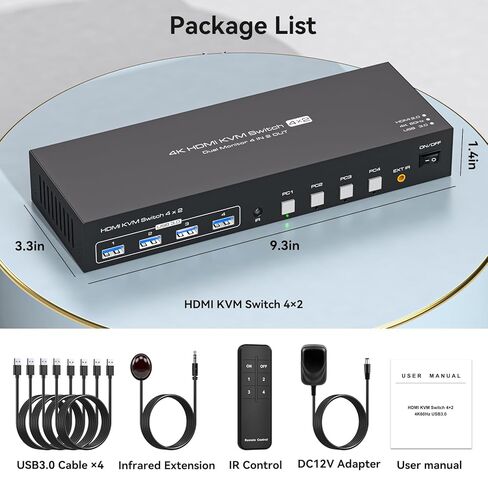 KVM Switch 4 أجهزة كمبيوتر 2 شاشات HDMI 4K60 هرتز EDID محاكاة 4 منافذ KVM Switch لـ 4 أجهزة كمبيوتر لمشاركة الشاشات المزدوجة و4 أجهزة طرفية USB 3.0 تدعم أوضاع النسخ/التمديد مع وحدة التحكم باللون الأسود in Kuwait