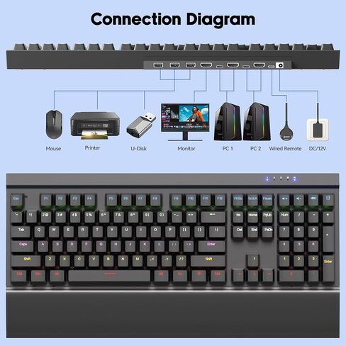 8K HDMI 2.1 مفتاح KVM للوحة المفاتيح الميكانيكية، محول KVM مدمج بمنفذين لجهازي كمبيوتر وشاشة واحدة، يدعم 8K@60 هرتز 4K@120 هرتز، محور USB 2.0، تمرير مفتاح N بإضاءة خلفية RGB، جهاز تحكم سلكي متضمن in Kuwait