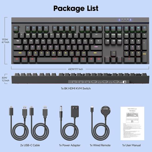 8K HDMI 2.1 مفتاح KVM للوحة المفاتيح الميكانيكية، محول KVM مدمج بمنفذين لجهازي كمبيوتر وشاشة واحدة، يدعم 8K@60 هرتز 4K@120 هرتز، محور USB 2.0، تمرير مفتاح N بإضاءة خلفية RGB، جهاز تحكم سلكي متضمن in Kuwait