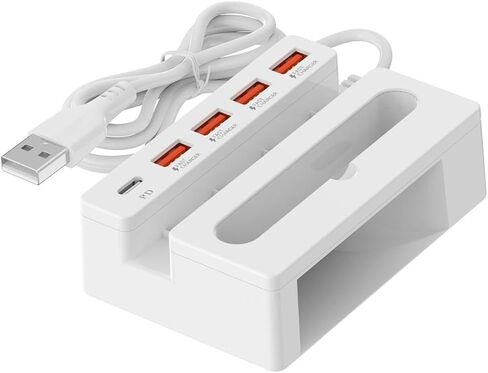 محطة شحن USB بخمسة منافذ مع حامل حامل، قاعدة شحن متعددة الأجهزة للهواتف والأجهزة اللوحية والإلكترونيات، شاحن سطح المكتب للمنزل والمكتب in Kuwait