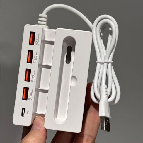 محطة شحن USB بخمسة منافذ مع حامل حامل، قاعدة شحن متعددة الأجهزة للهواتف والأجهزة اللوحية والإلكترونيات، شاحن سطح المكتب للمنزل والمكتب in Kuwait