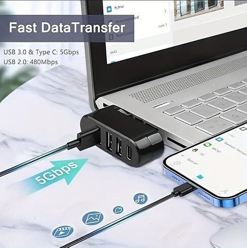 محور USB 3.0 ذو 4 منافذ [قابل للدوران 90 درجة/180 درجة]، مقسم USB مع منفذ USB C بقدرة 5 وات، موسع USB للوحة المفاتيح، القرص الصلب المحمول، قرص U، الكاميرا، الماوس إلخ، ملحقات الكمبيوتر المحمول in Kuwait