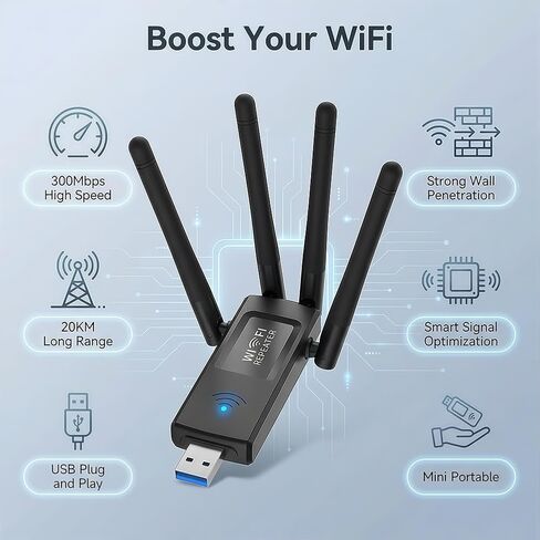 موسع واي فاي USB (300 ميجا بت في الثانية)، معزز نطاق الشبكة المحمولة، محول USB واي فاي لاسلكي لسطح المكتب والكمبيوتر الشخصي - 4 هوائيات عالية الكسب in Kuwait