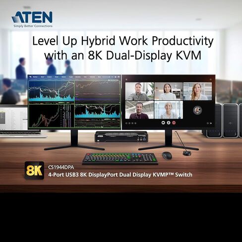 ATEN CS1944DPA 4 منافذ USB 3.0 8K عرض مزدوج DisplayPort KVM سويتش وكابلات، تحكم في 4 أجهزة كمبيوتر مع شاشتين، 1 لوحة مفاتيح وماوس، 8K@60 هرتز، 4K@120 هرتز، مفتاح HotKey، زر ضغط، منفذ بعيد أو مفتاح RS-232 in Kuwait