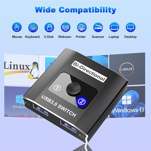 محول USB 3.0، محول USB ثنائي الاتجاه 1 في 2 مخرج/ 2 في 1 مخرج، محول USB من الألومنيوم 2 جهاز كمبيوتر يشارك أجهزة USB للطابعة ولوحة المفاتيح والماسح الضوئي والماوس، متوافق مع Win/Mac/Linux in Kuwait