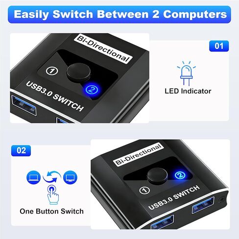 محول USB 3.0، محول USB ثنائي الاتجاه 1 في 2 مخرج/ 2 في 1 مخرج، محول USB من الألومنيوم 2 جهاز كمبيوتر يشارك أجهزة USB للطابعة ولوحة المفاتيح والماسح الضوئي والماوس، متوافق مع Win/Mac/Linux in Kuwait