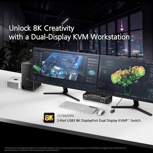 ATEN CS1942DPA 2-Port USB 3.0 8K ثنائي العرض DisplayPort KVM Switch & Cables، التحكم في 2 جهاز كمبيوتر مع شاشتين، 1 لوحة مفاتيح وماوس، 8K @ 60 هرتز، 4K @ 120 هرتز، مفتاح HotKey، زر ضغط، منفذ بعيد أو مفتاح RS-232 in Kuwait