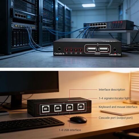 محول KVM بـ 4 منافذ USB، لوحة مفاتيح وماوس ووحدة تحكم في الألعاب - تحكم متعدد الأجهزة بنقرة واحدة لبث ألعاب DNF وإعداد محطة العمل المكتبية in Kuwait