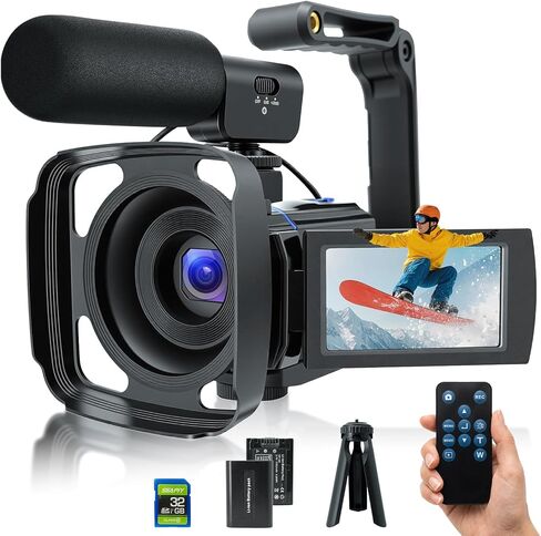 5K Video Camera Camcorder, UHD 64MP Vlogging Camera for Youtube with 3.0" 270° Rotatable Touchscreen, 16X Zoom Video Recorder with IR Night Vision/Microphone/Stabilizer/Lens Hood/2 Batteries/32GB Card in Kuwait