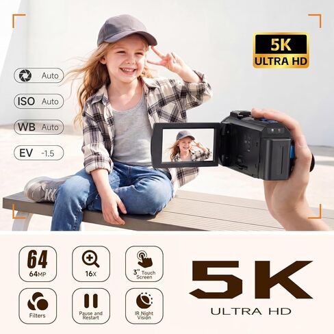 5K Video Camera Camcorder, UHD 64MP Vlogging Camera for Youtube with 3.0" 270° Rotatable Touchscreen, 16X Zoom Video Recorder with IR Night Vision/Microphone/Stabilizer/Lens Hood/2 Batteries/32GB Card in Kuwait