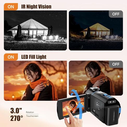 5K Video Camera Camcorder, UHD 64MP Vlogging Camera for Youtube with 3.0" 270° Rotatable Touchscreen, 16X Zoom Video Recorder with IR Night Vision/Microphone/Stabilizer/Lens Hood/2 Batteries/32GB Card in Kuwait