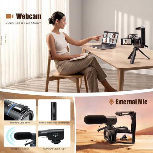 5K Video Camera Camcorder, UHD 64MP Vlogging Camera for Youtube with 3.0" 270° Rotatable Touchscreen, 16X Zoom Video Recorder with IR Night Vision/Microphone/Stabilizer/Lens Hood/2 Batteries/32GB Card in Kuwait