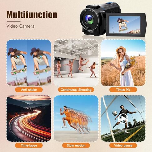 5K Video Camera Camcorder, UHD 64MP Vlogging Camera for Youtube with 3.0" 270° Rotatable Touchscreen, 16X Zoom Video Recorder with IR Night Vision/Microphone/Stabilizer/Lens Hood/2 Batteries/32GB Card in Kuwait