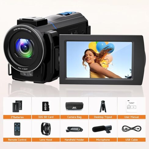 5K Video Camera Camcorder, UHD 64MP Vlogging Camera for Youtube with 3.0" 270° Rotatable Touchscreen, 16X Zoom Video Recorder with IR Night Vision/Microphone/Stabilizer/Lens Hood/2 Batteries/32GB Card in Kuwait