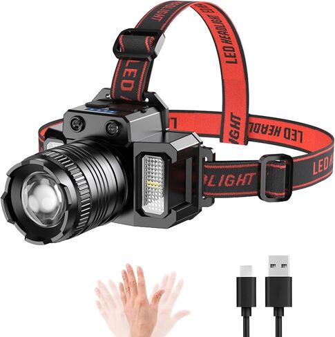 Wrrozz Headlamp Rechargeable Head Lamp LED, Super Bright Motion Sensor Head Light with Red/White/Blue Light, Waterproof Adults Forehead Flashlight Headlight for Camping, Running, Hiking, Fishing in Kuwait