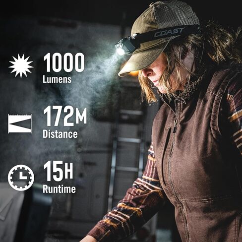 Coast FLX10R 1000 Lumen مقاوم للماء USB-C مصباح أمامي LED قابل لإعادة الشحن، أوضاع الضوء الأحمر والأخضر، الفيضانات والبقع، عبوتان in Kuwait