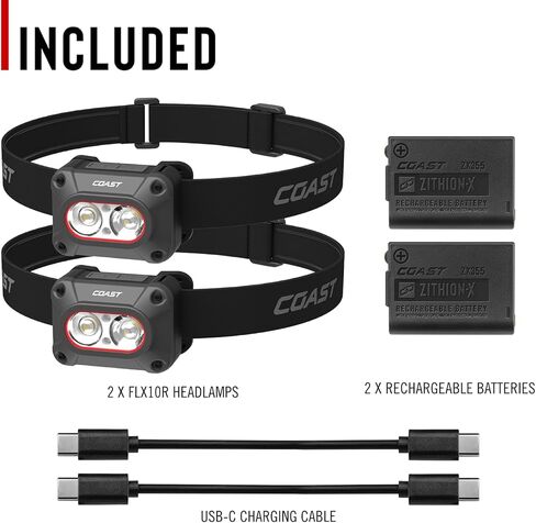 Coast FLX10R 1000 Lumen مقاوم للماء USB-C مصباح أمامي LED قابل لإعادة الشحن، أوضاع الضوء الأحمر والأخضر، الفيضانات والبقع، عبوتان in Kuwait