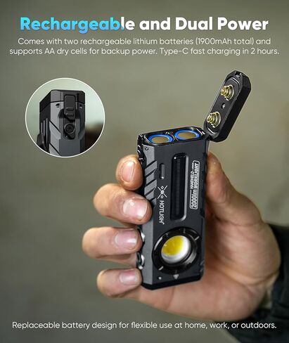 HOTLIGH Dual Power Rechargeable Flashlight - 2000 High Lumens EDC Flashlight Compatible with Dry Cells & Lithium Batteries, Small LED Flashlight with Magentic Base for Outdoor,Travel,Work in Kuwait