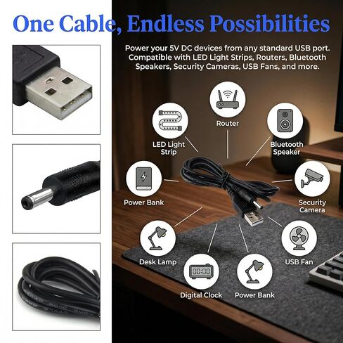 كابل طاقة USB إلى DC 3.5 مم × 1.35 مم، 3.3 قدم/1 متر، محول قابس USB من النوع A ذكر إلى تيار مستمر، سلك طاقة 5 فولت تيار مستمر لشريط LED، مصباح طاولة، جهاز توجيه لاسلكي، مكبر صوت بلوتوث، كاميرا in Kuwait
