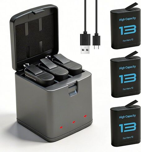 طقم شاحن بطارية متوافق مع كاميرا GoPro Hero 13 باللون الأسود، 3 بطاريات قابلة لإعادة الشحن بقدرة 2800 مللي أمبير في الساعة + ملحقات كاميرا بديلة لكابل من النوع C in Kuwait