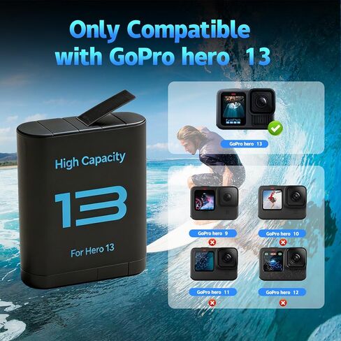 طقم شاحن بطارية متوافق مع كاميرا GoPro Hero 13 باللون الأسود، 3 بطاريات قابلة لإعادة الشحن بقدرة 2800 مللي أمبير في الساعة + ملحقات كاميرا بديلة لكابل من النوع C in Kuwait