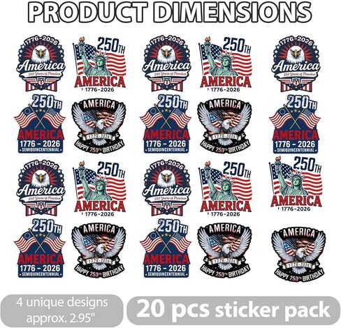 20 Pcs USA 250th Birthday Stickers 1776 2026, Waterproof Vinyl Decals, Statue of Liberty and Eagle, USA 250th Anniversary Decorations, for Car Laptop Water Bottle Bumper in Kuwait
