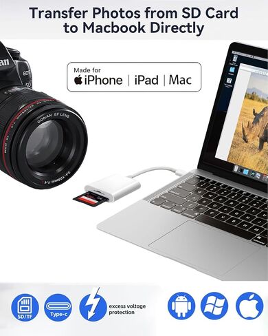 قارئ بطاقة USB C إلى SD لهاتف iPhone 15 16 17، محول بطاقة SD USB من النوع C معتمد من Apple MFi مع فتحات ذاكرة SD MicroSD مزدوجة لأجهزة iPad/MacBook/Mac، عارض كاميرا عالية السرعة in Kuwait