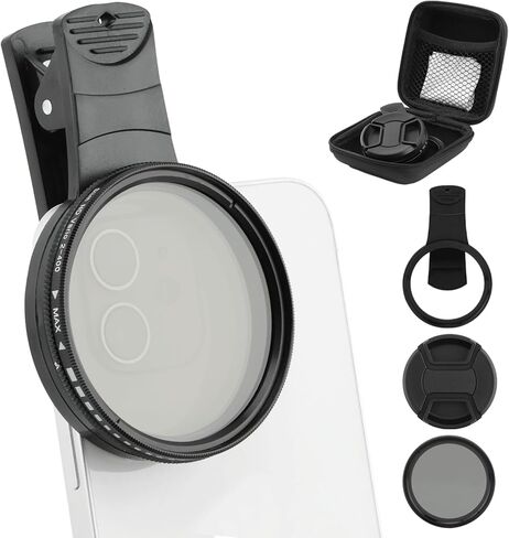 52MM Variable ND2-ND400 Filter, Clip-on Phone Lens ND Filter Kit Multi-Coated Adjustable Neutral Density Filter Compatible with iPhoneSamsung/Android Smartphones(Color:Black) in Kuwait