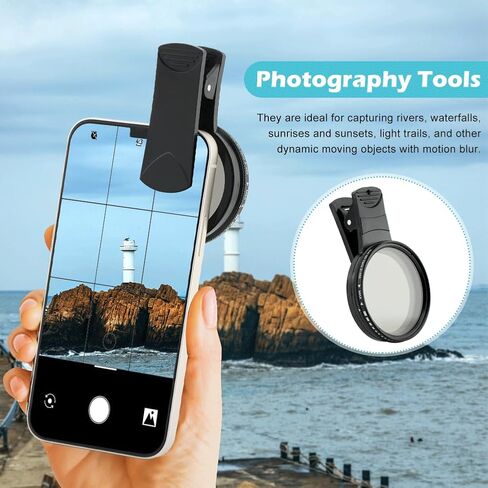 52MM Variable ND2-ND400 Filter, Clip-on Phone Lens ND Filter Kit Multi-Coated Adjustable Neutral Density Filter Compatible with iPhoneSamsung/Android Smartphones(Color:Black) in Kuwait