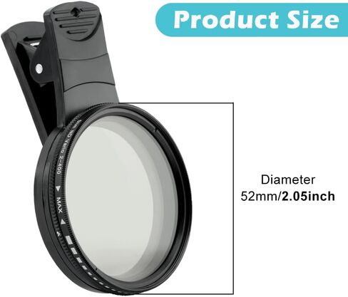52MM Variable ND2-ND400 Filter, Clip-on Phone Lens ND Filter Kit Multi-Coated Adjustable Neutral Density Filter Compatible with iPhoneSamsung/Android Smartphones(Color:Black) in Kuwait