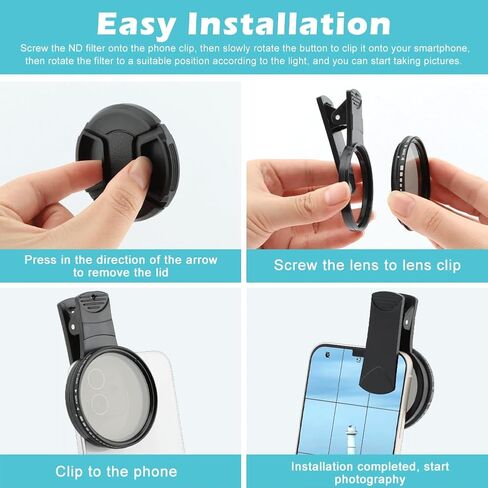 52MM Variable ND2-ND400 Filter, Clip-on Phone Lens ND Filter Kit Multi-Coated Adjustable Neutral Density Filter Compatible with iPhoneSamsung/Android Smartphones(Color:Black) in Kuwait