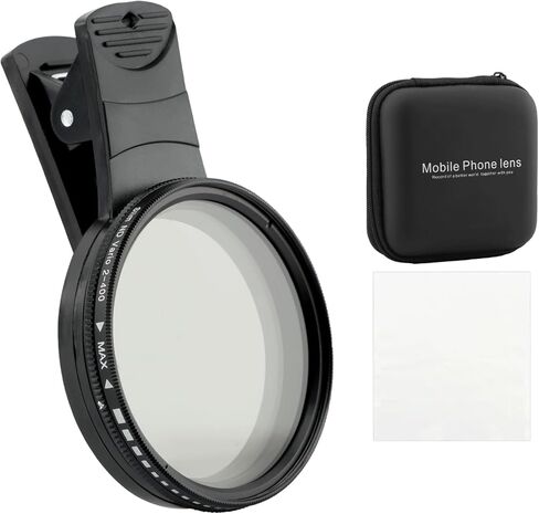 52MM Variable ND2-ND400 Filter, Clip-on Phone Lens ND Filter Kit Multi-Coated Adjustable Neutral Density Filter Compatible with iPhoneSamsung/Android Smartphones(Color:Black) in Kuwait