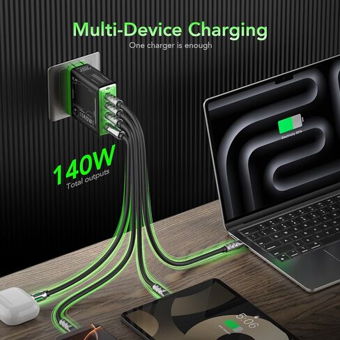 شاحن كمبيوتر محمول عالمي Mfish 140 واط USB-C أبيض 4 في 1 كابل USB-C 240 واط in Kuwait