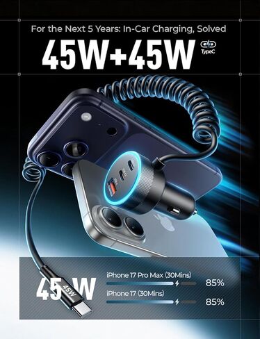LISEN 90W for iPhone 17 16 15 Pro Max Car Charger USB C Fast Charge, Super Fast for iPhone 15 16 17 Pro Car Charger Type C Adapter for iPhone 17/17 Pro/Air/17e/16/15 Pro Max/Plus/16e, iPad in Kuwait