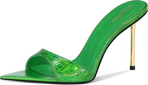 High Heel Mules for Women Pointed Toe Slip On Design with 3.7 Inch Metal Stiletto Heel and Soft Padded Insole in Iridescent Gold for Parties or Date Night in Saudi Arabia