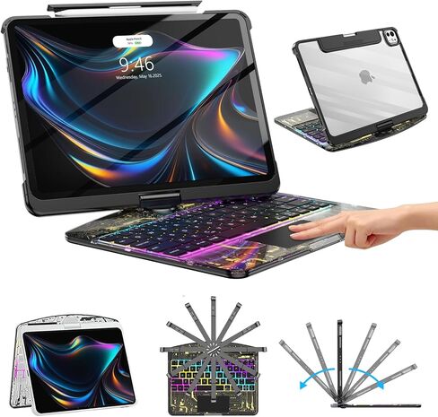 Wireless Keyboard Case for iPad Pro 13 Inch (M5 2025/M4 2024) with Pencil Holder, Clear Protective Cover with Multi-Touch Trackpad, 360 Rotatable Stand, 7-Color Backlight & 3-Brightness, Black in Kuwait